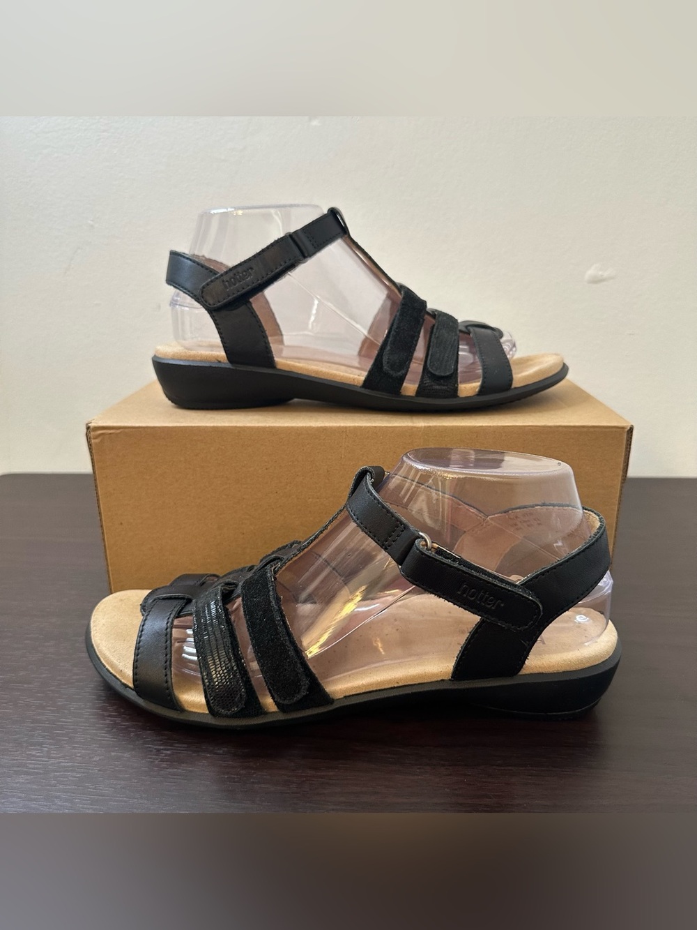 Hotter Sol Black Leather Strappy Sandals, Size 8.5, Hook and Loop Ortho Comfort